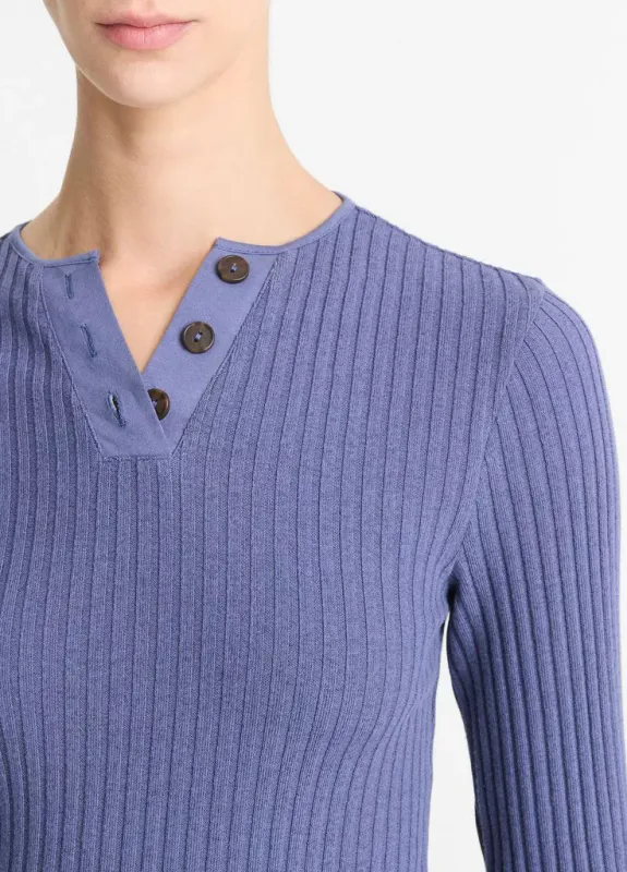 Ribbed Cotton-Blend Henley - Dark peri - Vince